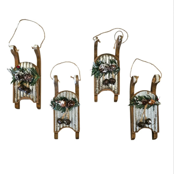 Rustic Farmhouse Galvanized Metal Wooden Sleigh Ornaments Set of 4 - Picture 1 of 4